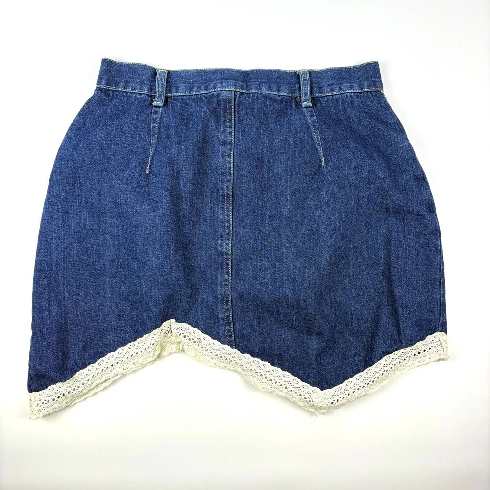 Vtg Y2K Sonoma Denim Skirt Girls Sz 10 Blue Lace Trim Asymetrical Hem Cowboy SEE